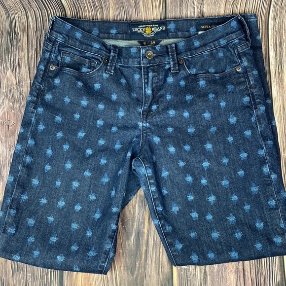 Woman’s Lucky Brand Sofia Skinny Blue Jeans W/ Light Blue Print- Size 8/29 - Picture 3 of 10